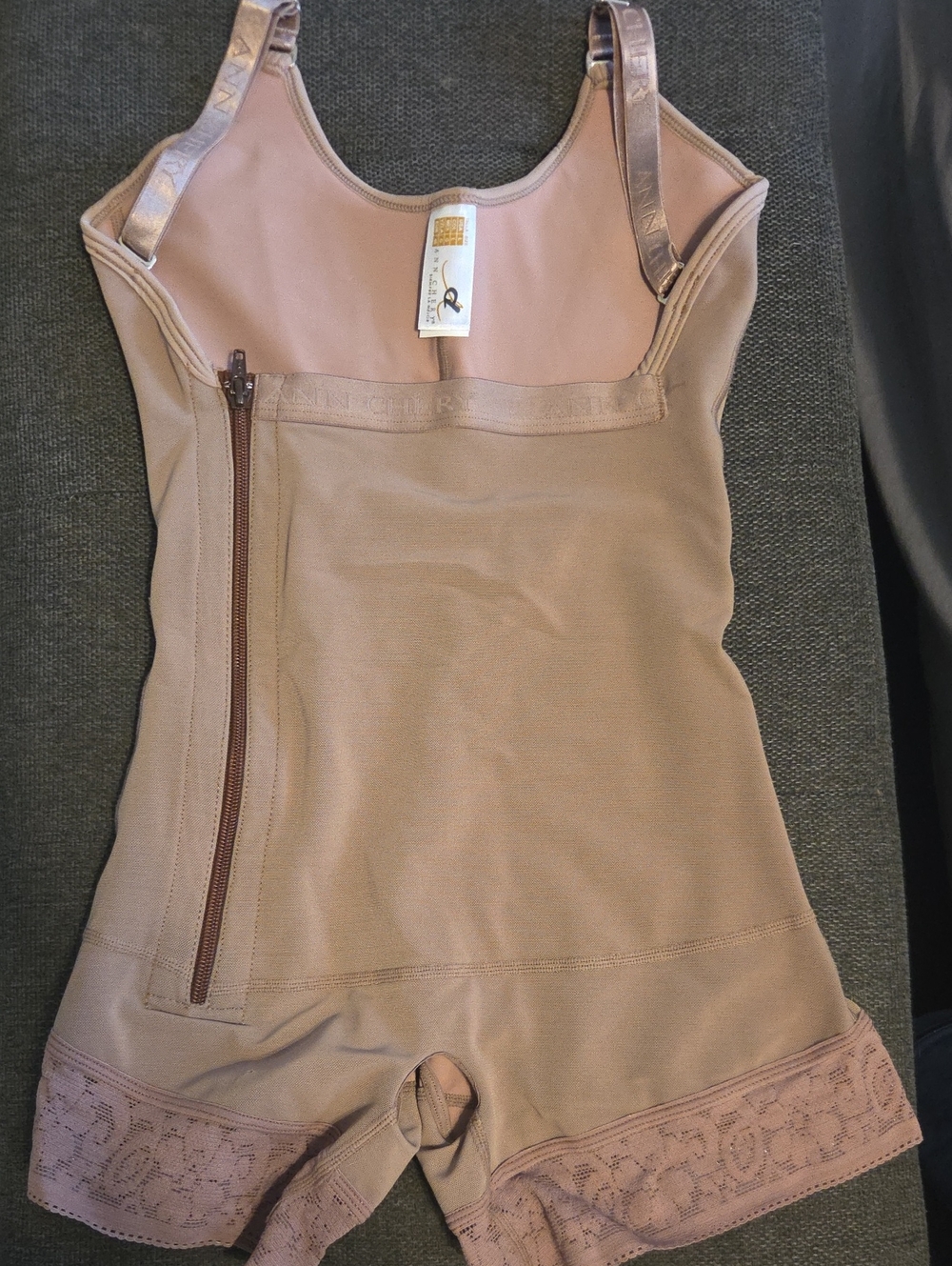 Ann Chery Beige One-Piece Bodysuit with Lace Trim